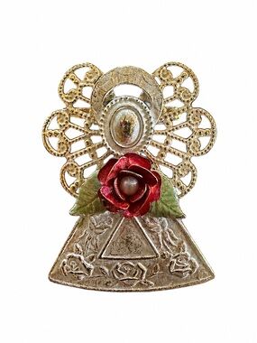 Vintage Signed Kenneth Cole Angel Brooch Gold Tone Filigree Red Rose Faux Pearl